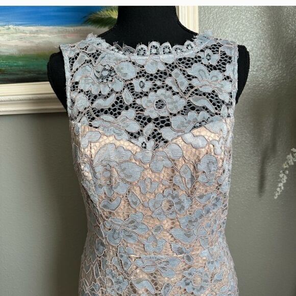 Eliza J Lace Asymmetrical Scalloped Hem Icy Blue Illusion Neckline Sheath Dress - Picture 10 of 15